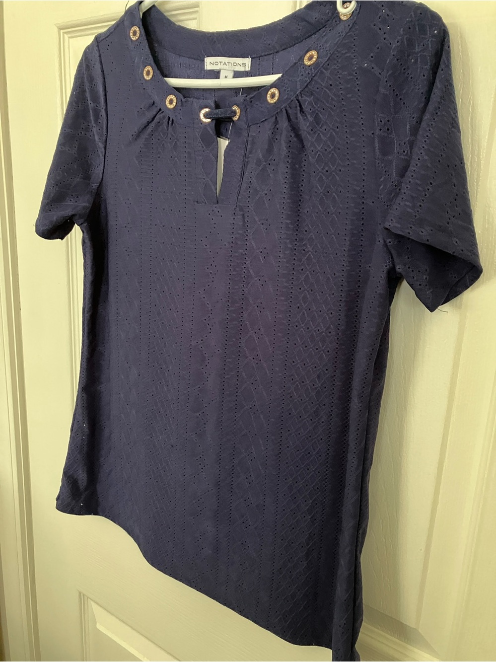 Notations Navy Eyelet-Trim Short Sleeve Blouse